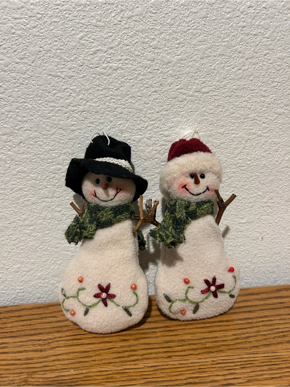 Festive White Snowman Pair Holiday Ornaments with Green Scarves